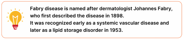 Fabry disease name origin Fabry disease is named after dermatologist Johannes Fabry, who first described the disease in 1898. It was recognized early as a systemic vascular disease and later as a lipid storage disorder in 1953.