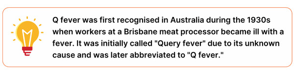 Q fever name origin Q fever was first recognised in Australia during the 1930s when workers at a Brisbane meat processor became ill with a fever. It was initially called "query fever" due to its unknown cause and was later abbreviated to "Q fever."
